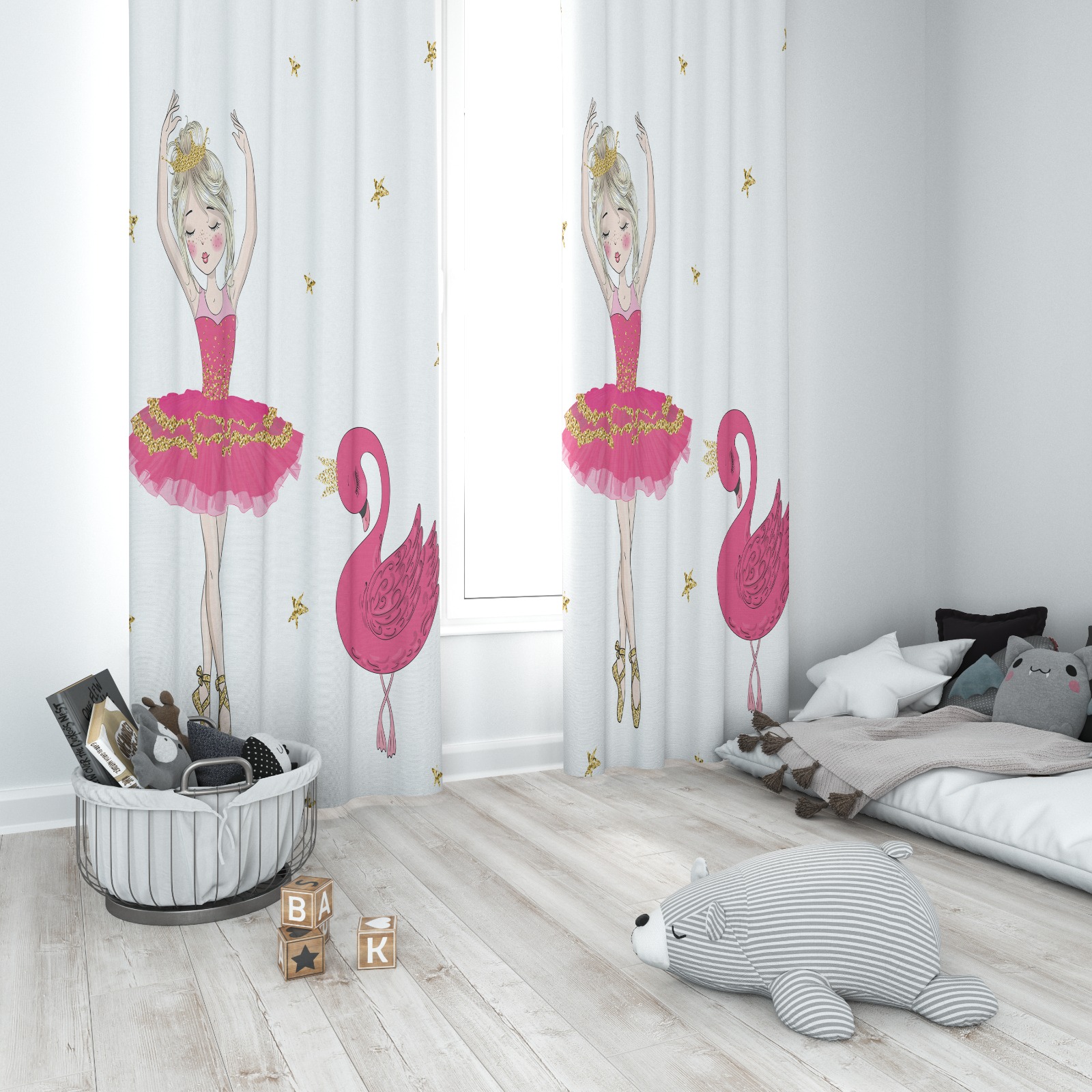 Minibabyrooms Pembe Balerin Kız ve Kuğu Temalı Fon Perde