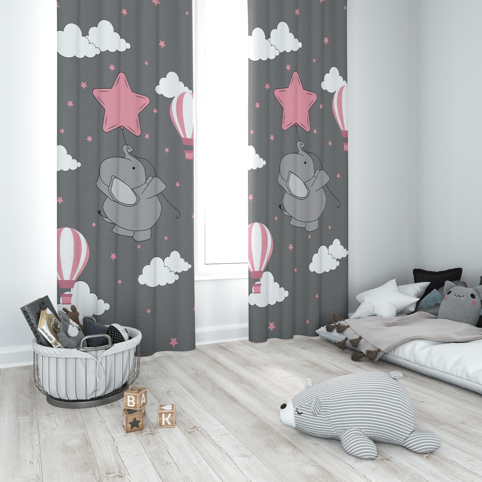 Minibabyrooms Pembe Yıldızlı Fil Temalı Fon Perde