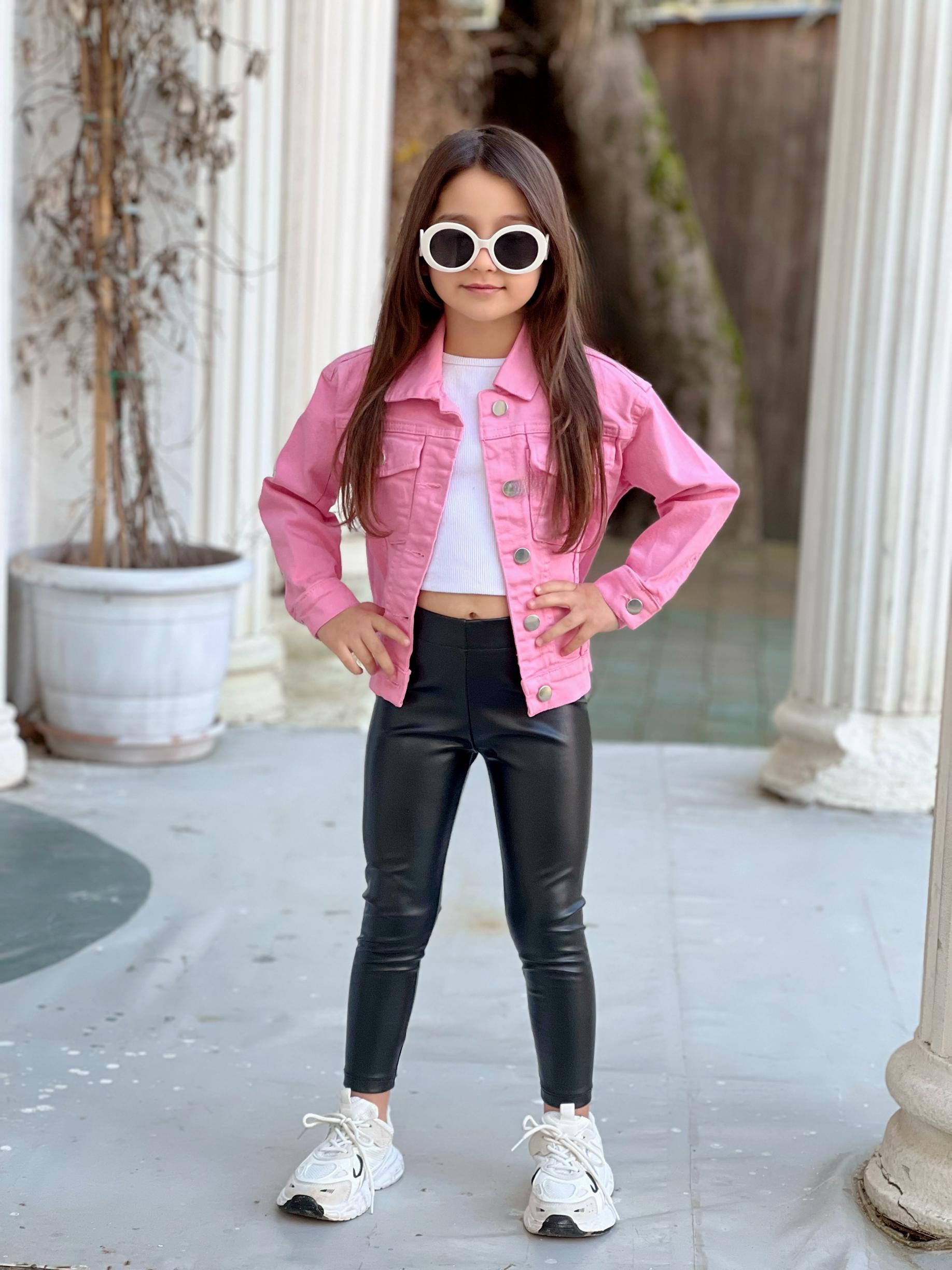 Pembe Renk Kelebek Nakış İşlemeli  Kız Çocuk Kot Ceket