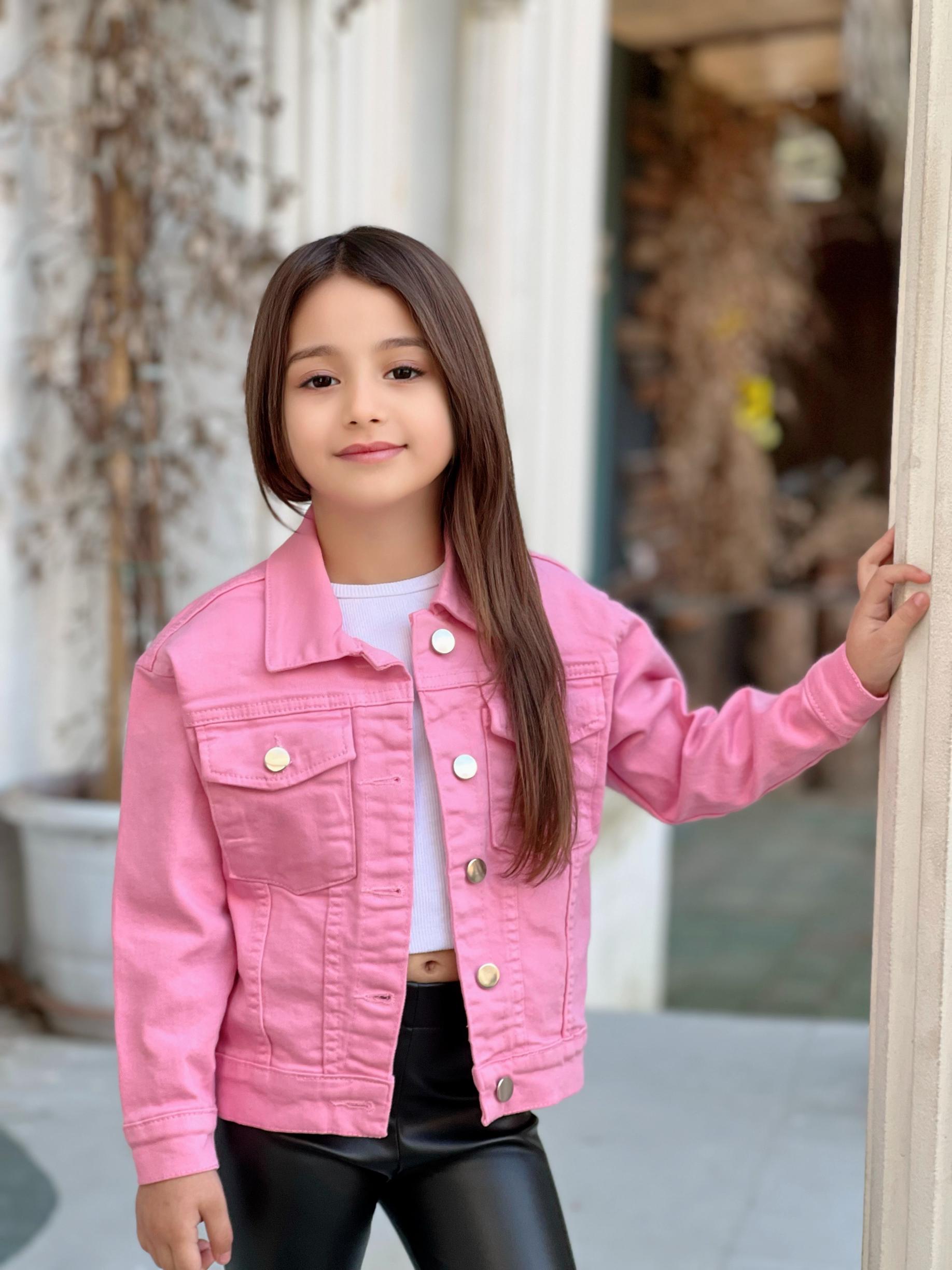 Pembe Renk Kelebek Nakış İşlemeli  Kız Çocuk Kot Ceket