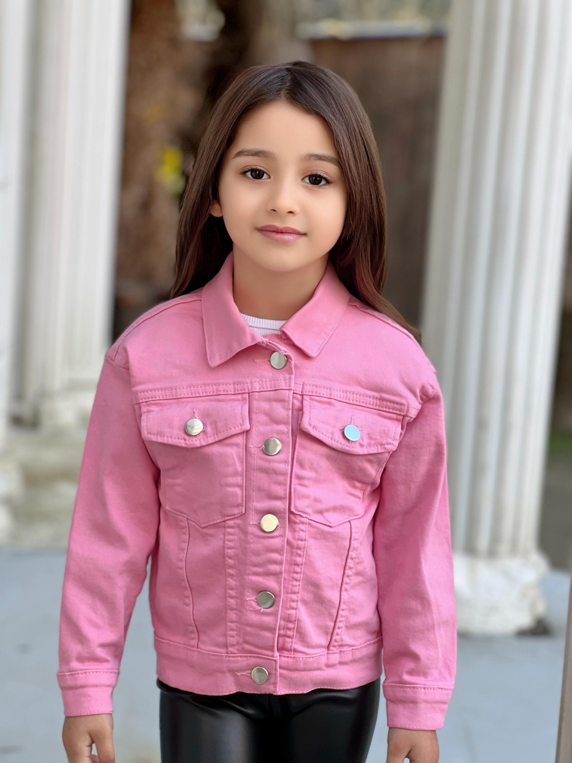 Pembe Renk Kelebek Nakış İşlemeli  Kız Çocuk Kot Ceket