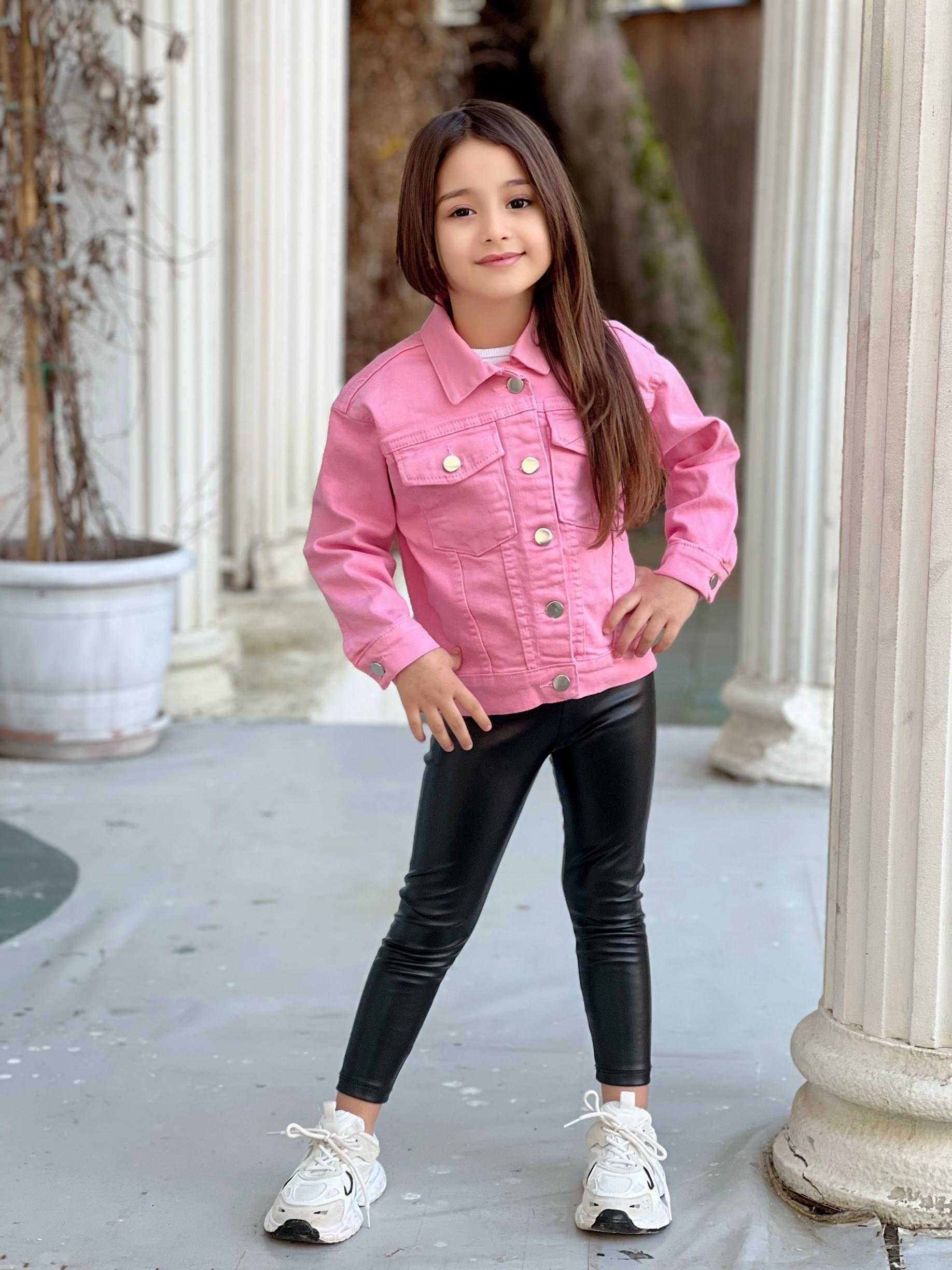 Pembe Renk Kelebek Nakış İşlemeli  Kız Çocuk Kot Ceket