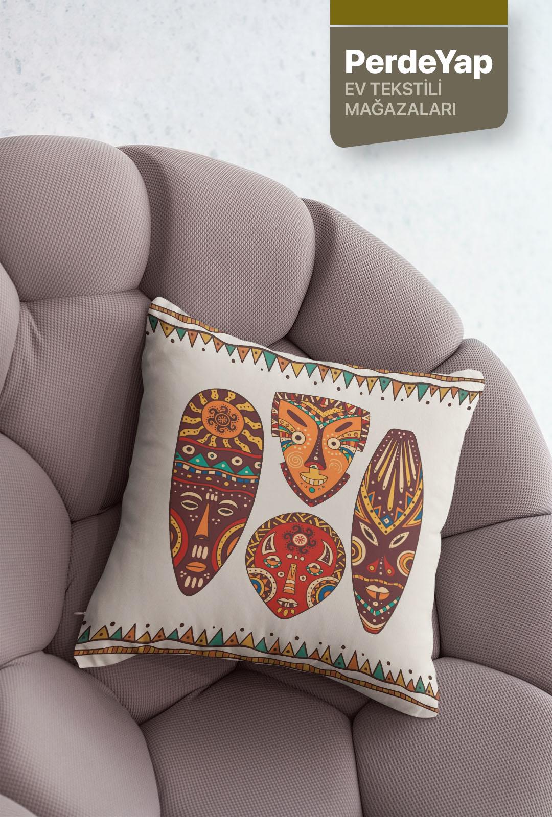 Afrika Sanatı Motifleri Desenli 4lü Dijital Baskılı Dekoratif Kırlent Kılıfı 43 X 43 Cm Bej 050