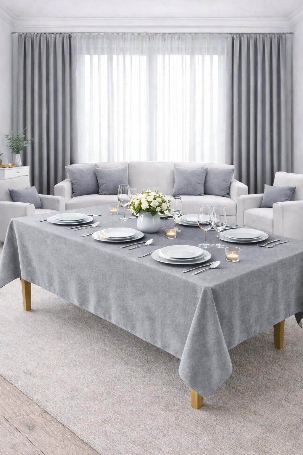PerdeYap Kadife Dokulu Gri Renk Masa Örtüsü