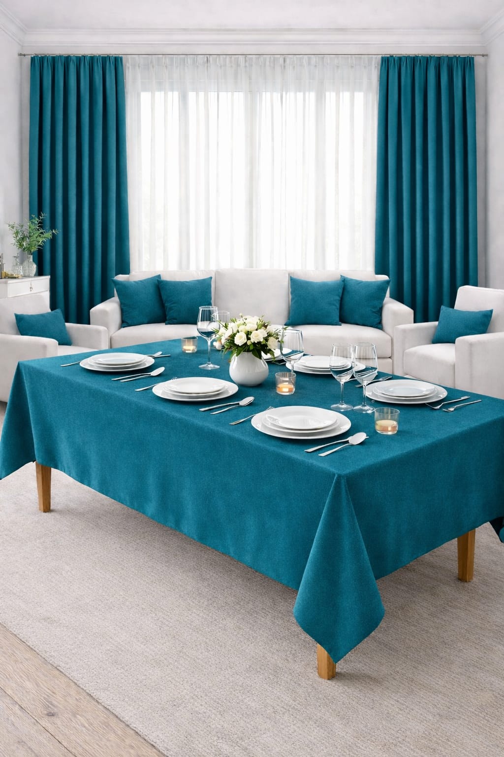 PerdeYap Kadife Dokulu Petrol Renk Masa Örtüsü
