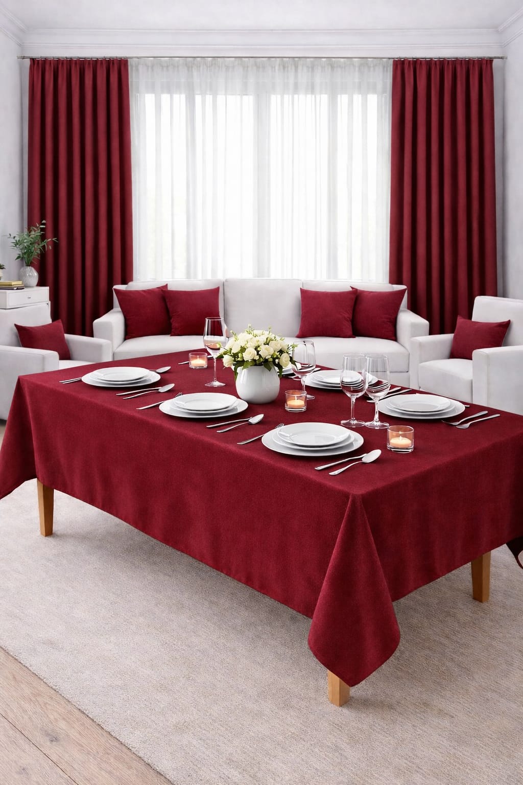 PerdeYap Kadife Dokulu Bordo Renk Masa Örtüsü