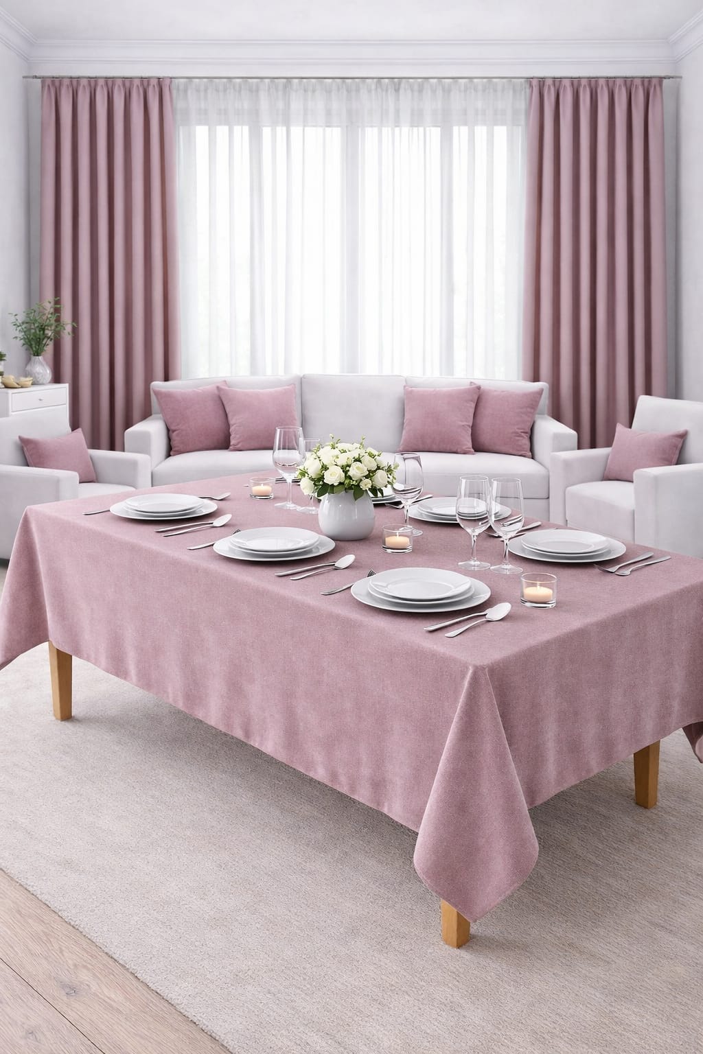 PerdeYap Kadife Dokulu Pudra Renk Masa Örtüsü