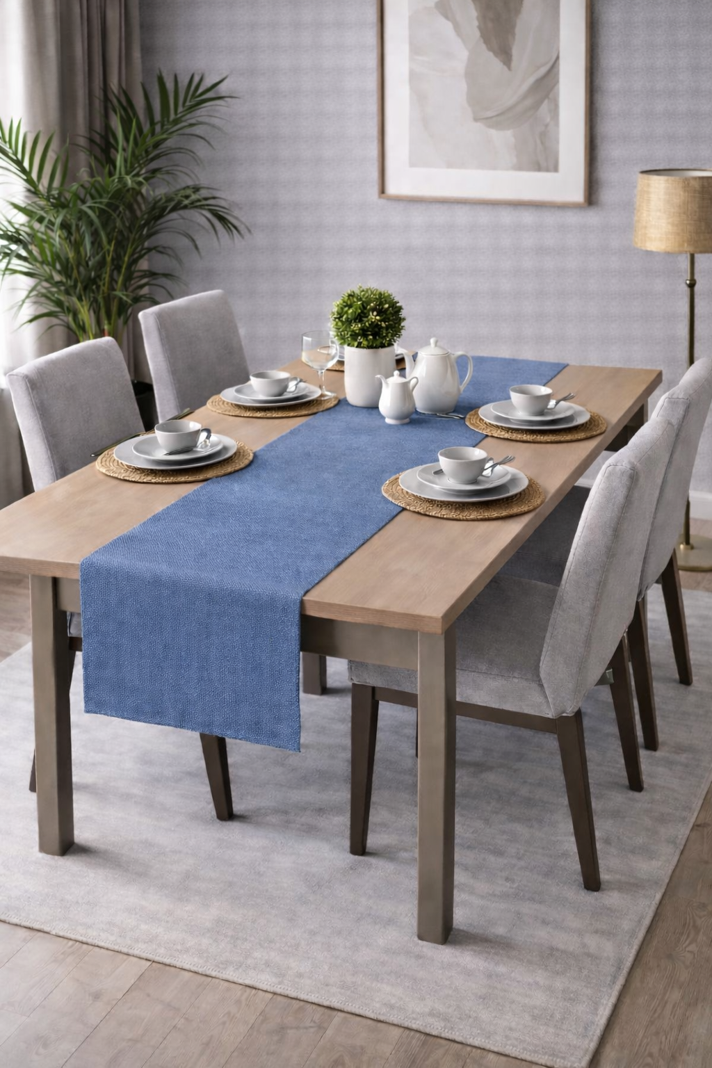 PerdeYap Kadife Dokulu Açık İndigo Renk Ada Serisi Runner 40 x 140 cm