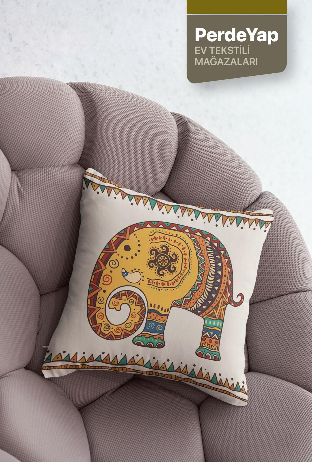 Krem Zemin Üzerine Etnik Hint İşlemeli Fil Desenli 4lü Dijital Baskılı Kırlent Yastık Kılıfı 43x43 Cm 060