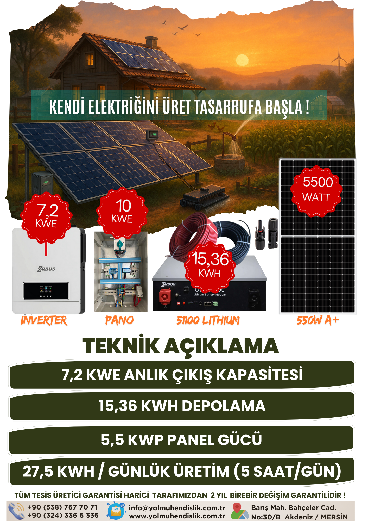 7,2 Kw Monofaze GES (5,5 KWP/15,36 KWH Depolama) - 10P7K3L-D