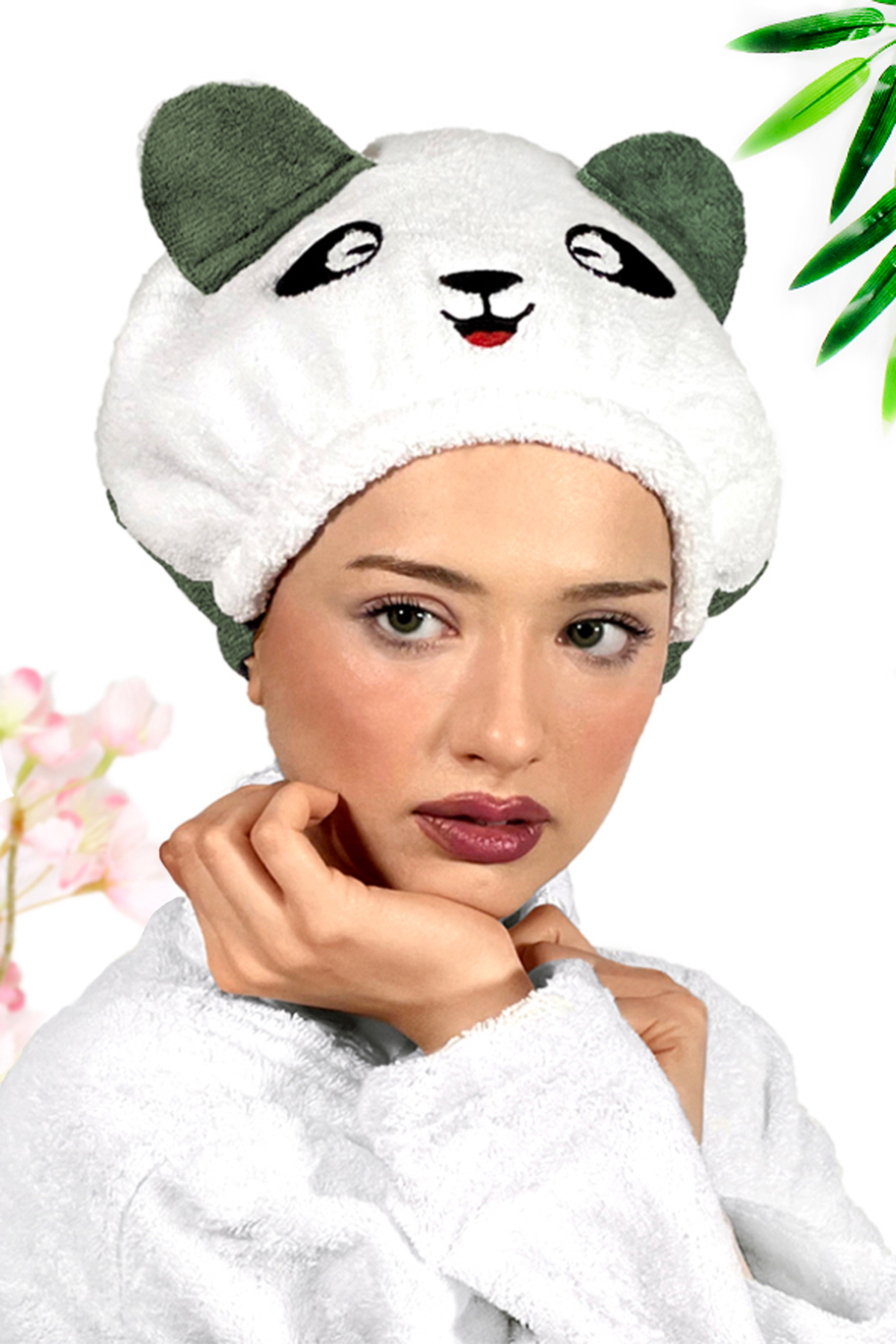 Panda Desenli Haki Kadın Bone Havlu