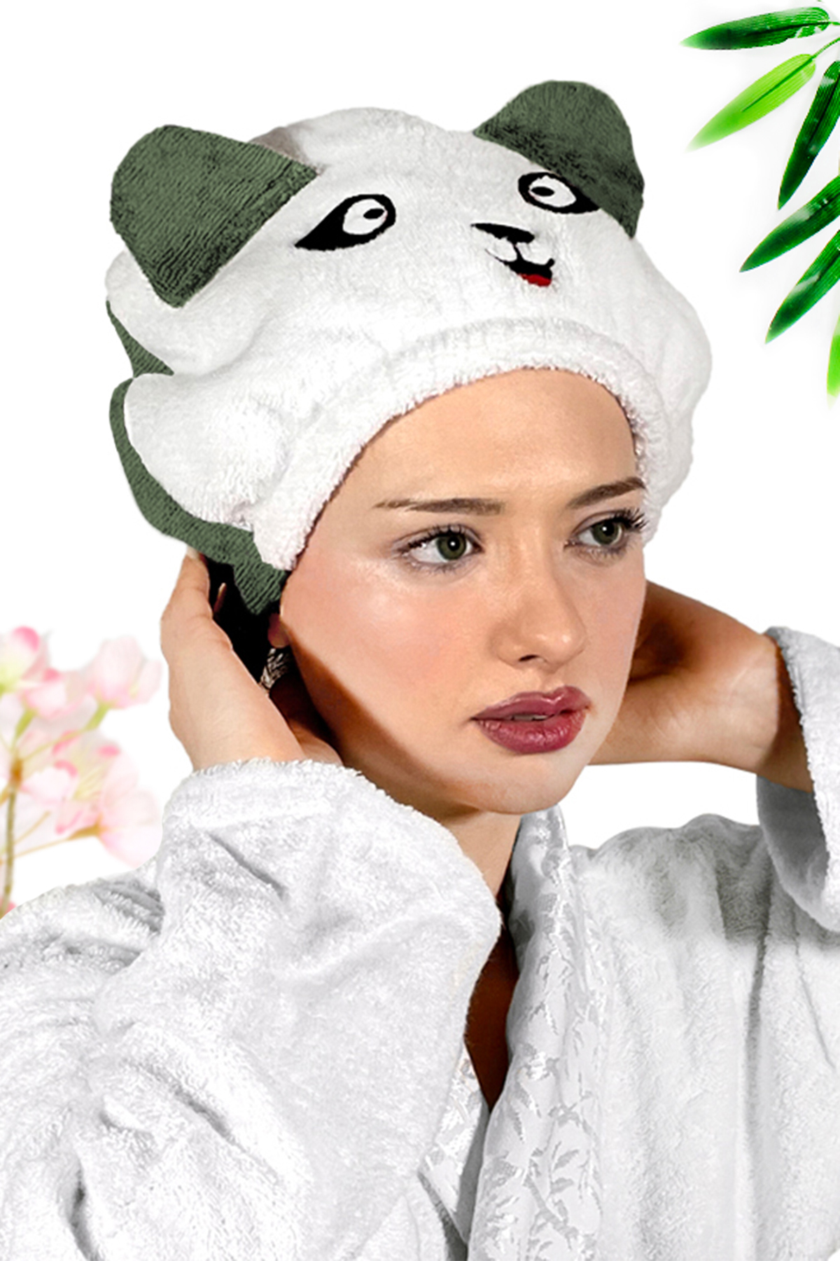 Panda Desenli Haki Kadın Bone Havlu