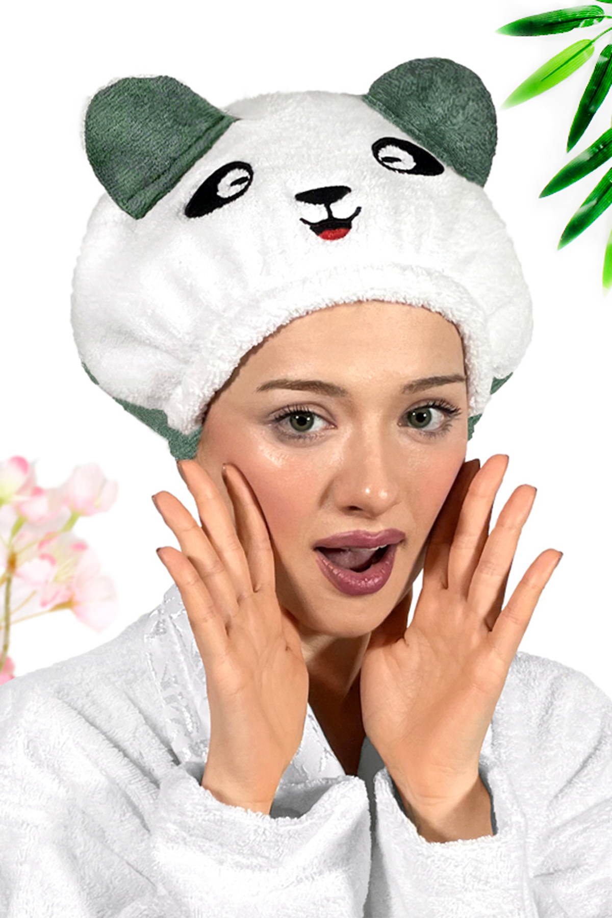 Panda Desenli Haki Kadın Bone Havlu