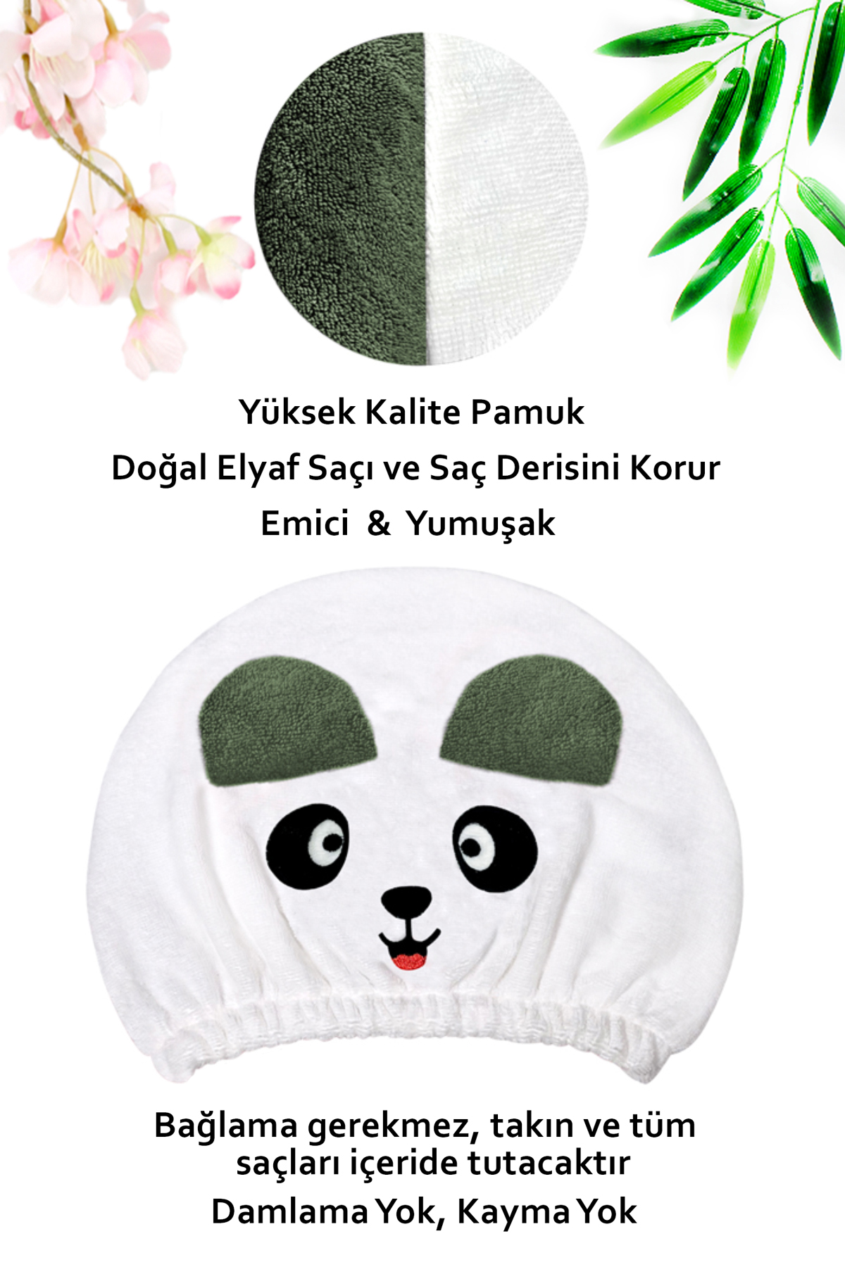 Panda Desenli Haki Kadın Bone Havlu