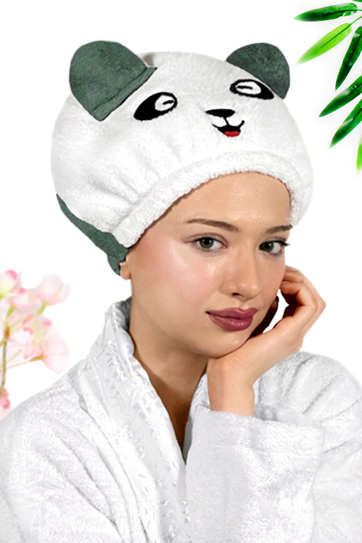 Panda Desenli Haki Kadın Bone Havlu