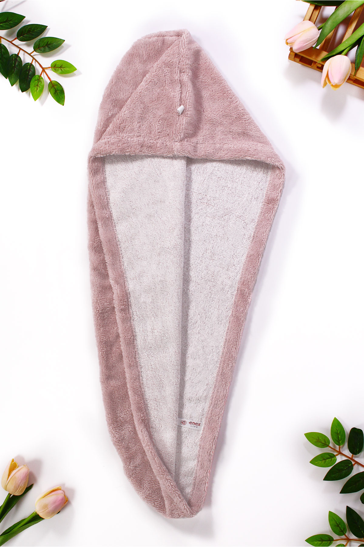 Düğmeli Gül Kurusu Havlu Bone