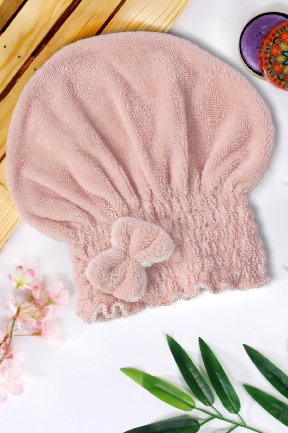 Kadın Bone Havlu Sade Pudra FİYONK Modelli