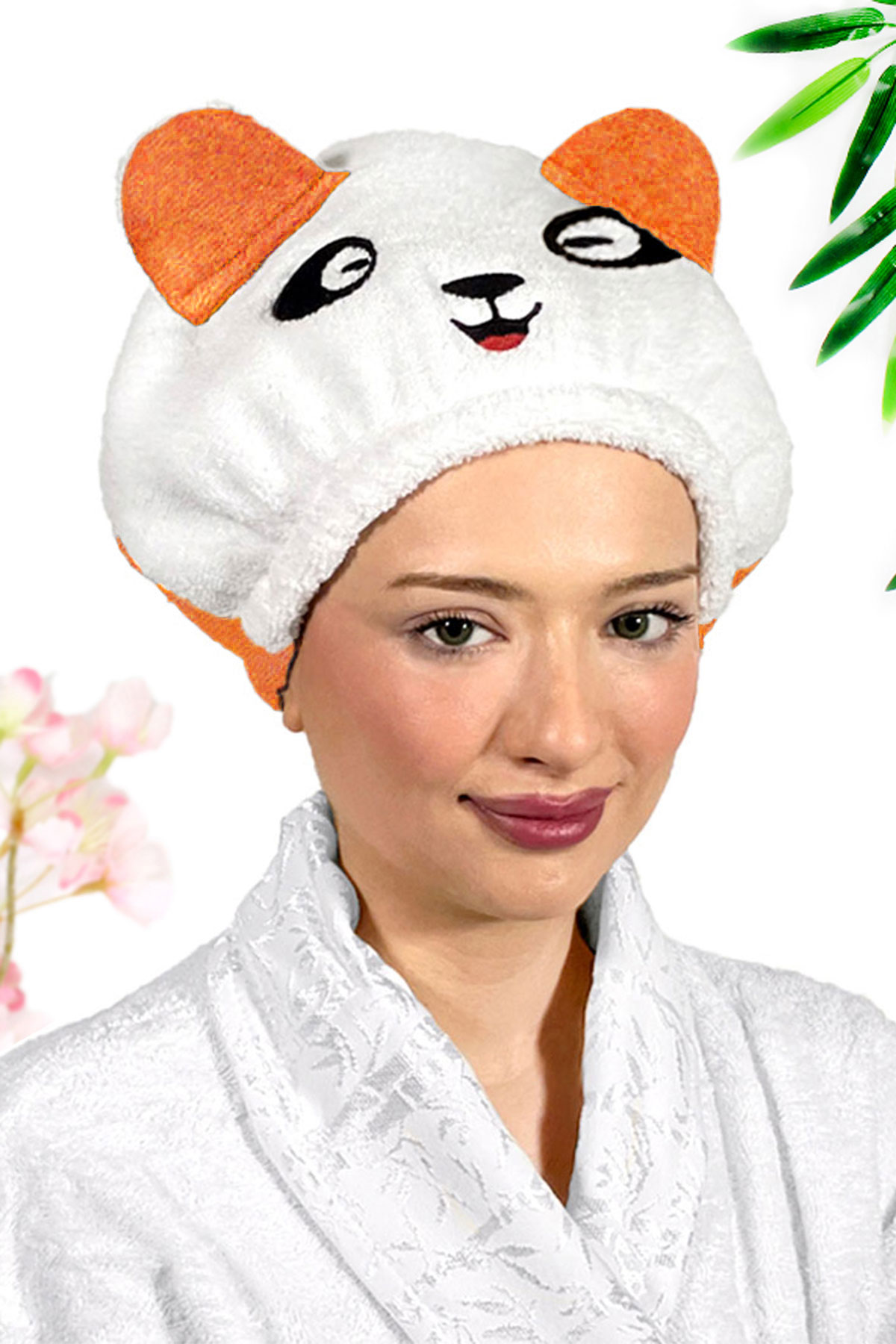 Panda Desenli Turuncu Havlu Bone