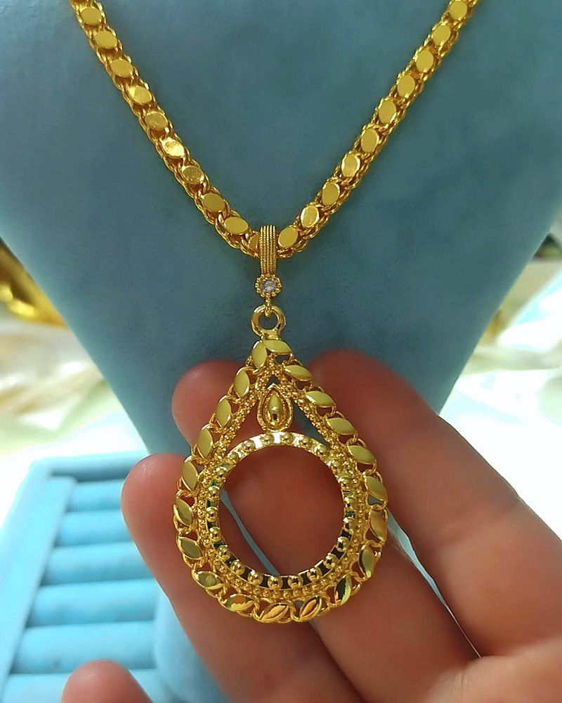 22K Altın Kaplama 60 Cm Arpa Zincirli Tam Altın Çerçeveli Kolye