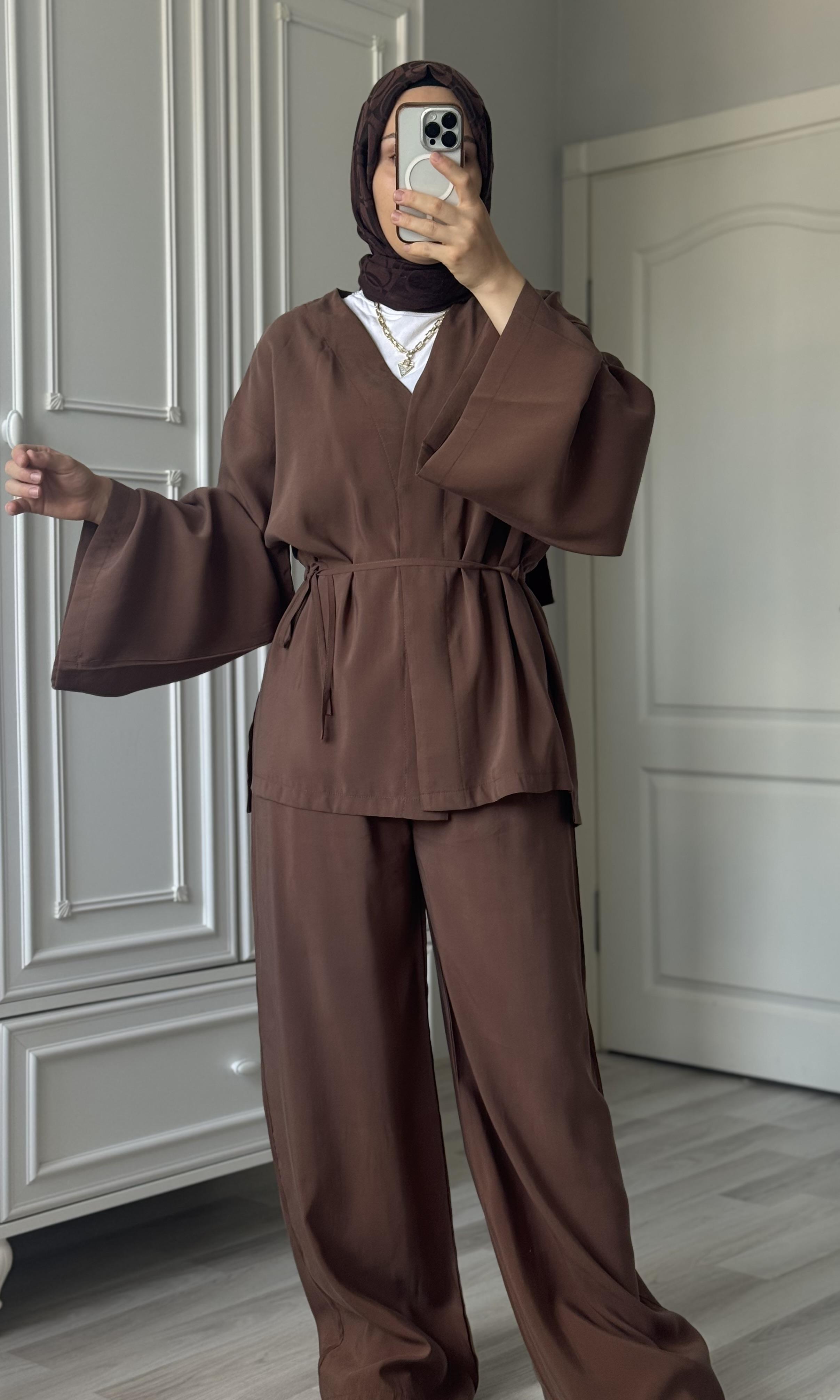 Kahverengi İkili Kimono Takım