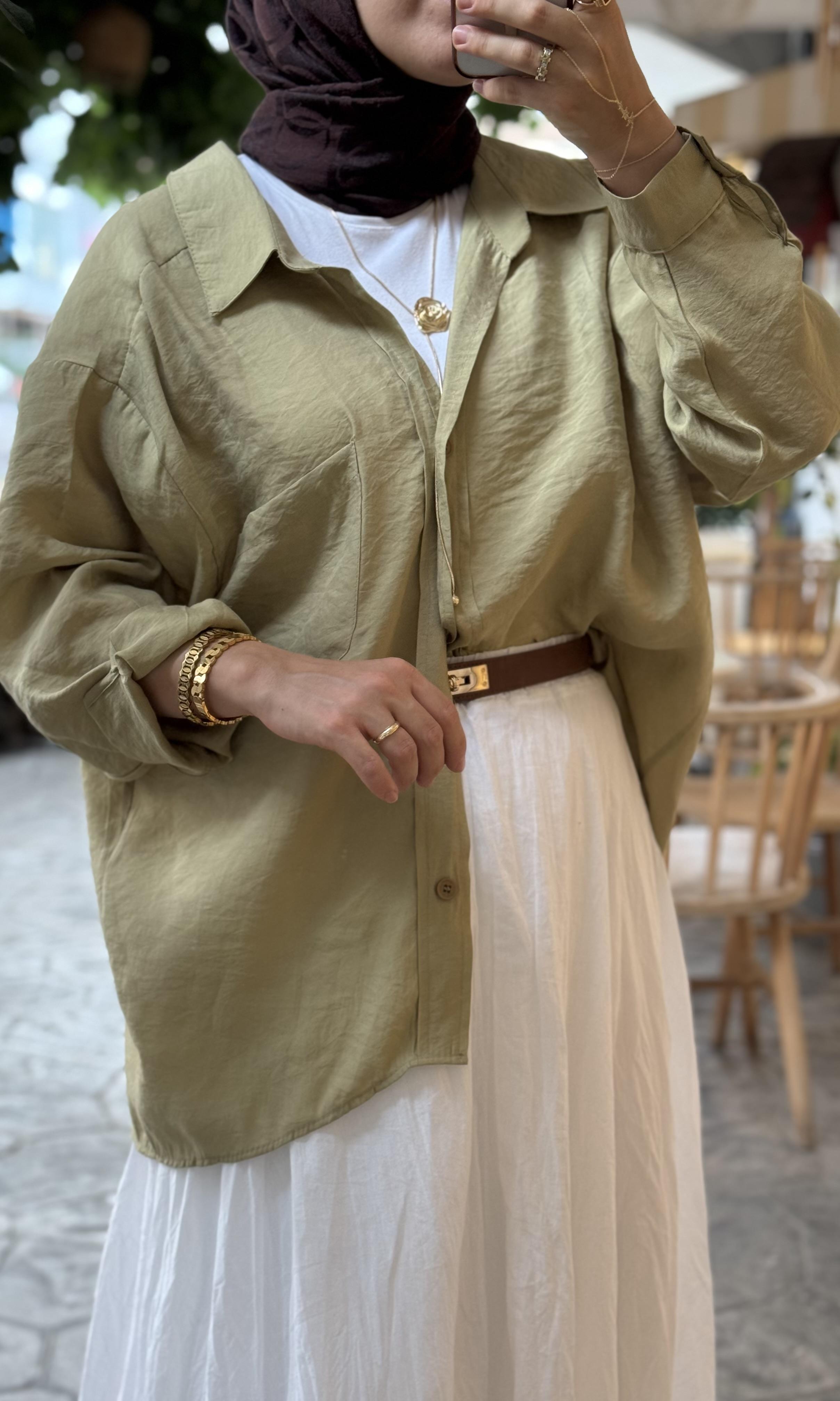 Haki Düşük Omuzlu Oversize Gömlek