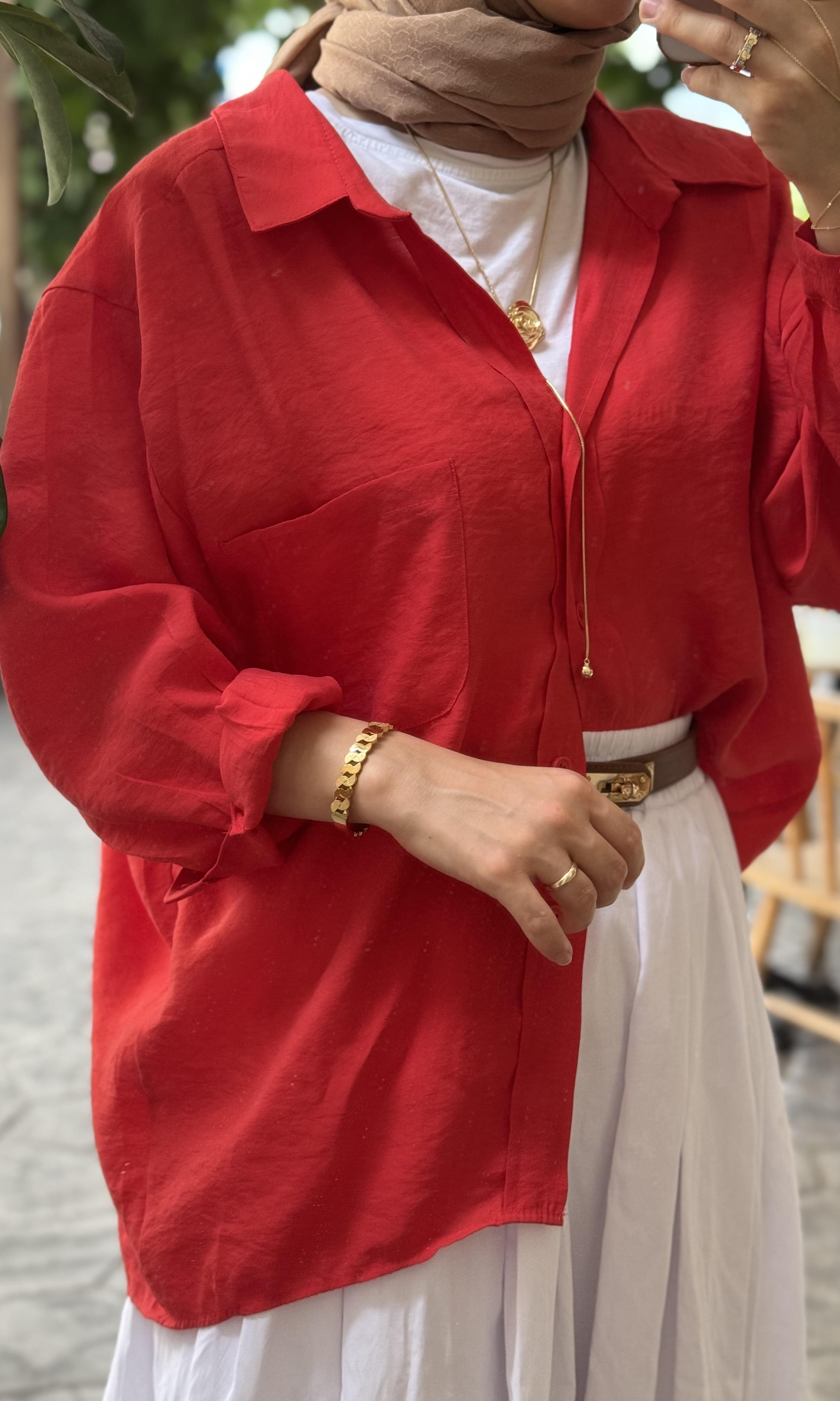 Kırmızı Düşük Omuzlu Oversize Gömlek