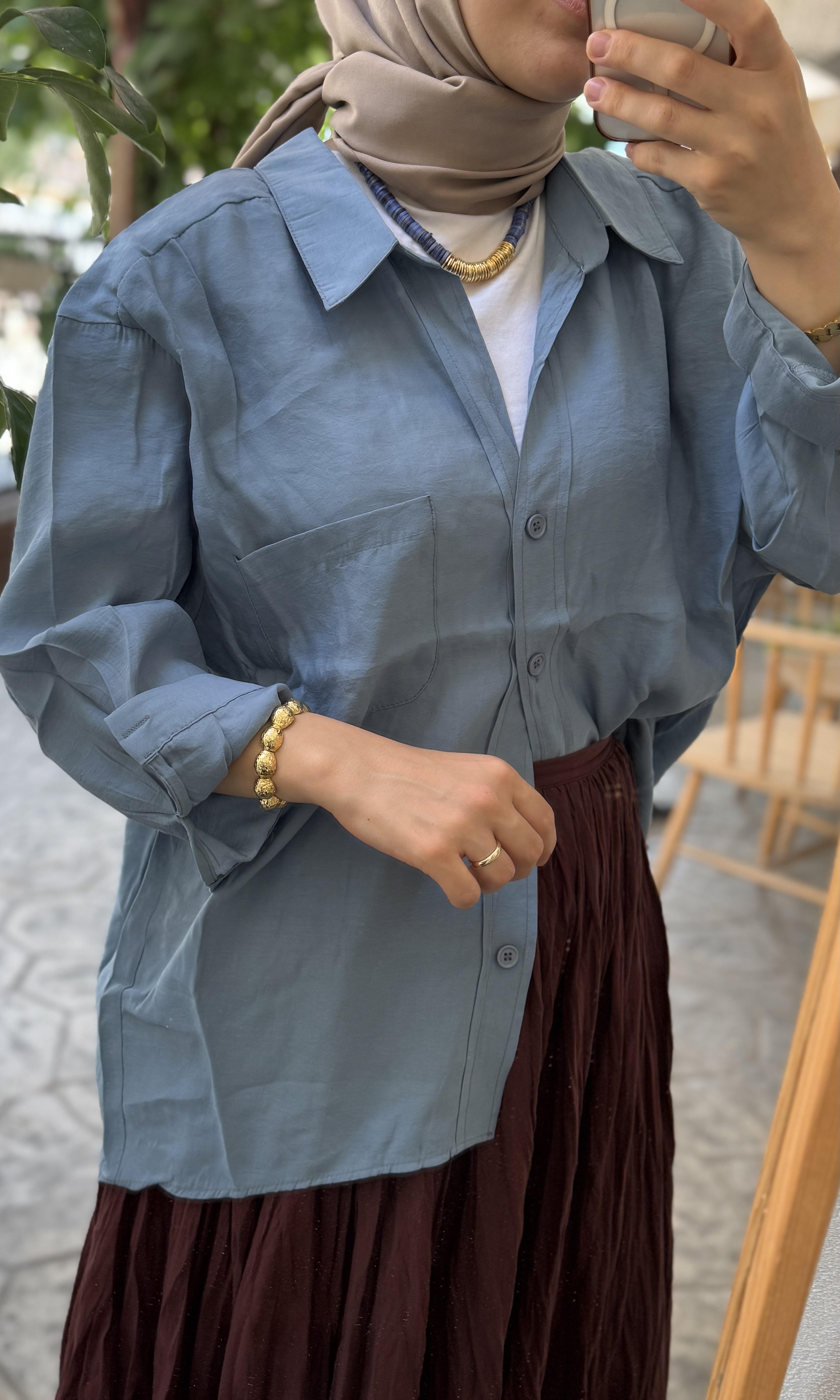 İndigo Düşük Omuzlu Oversize Gömlek