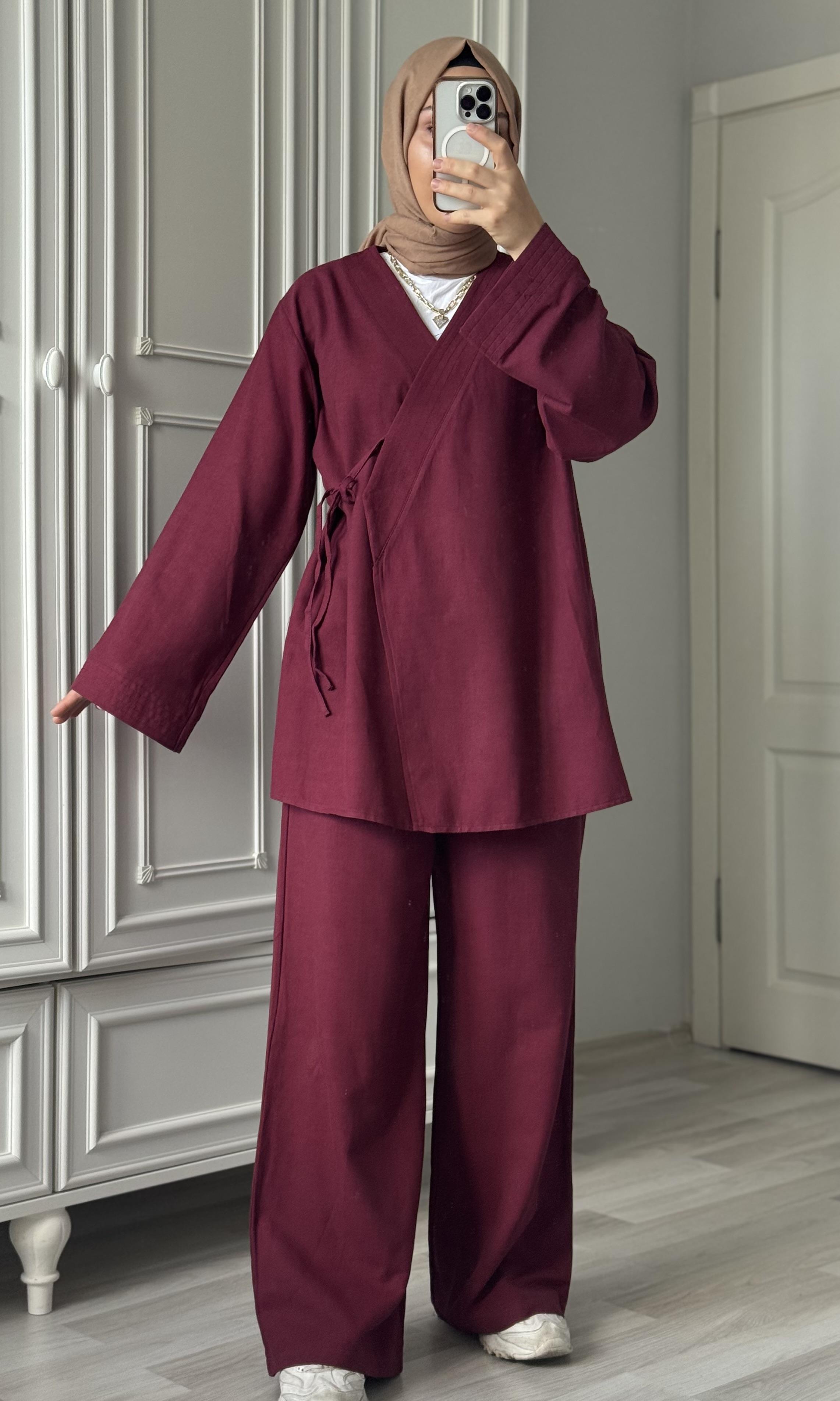 Kruvaze Yaka Bağlamalı İkili Kimono Takım Bordo
