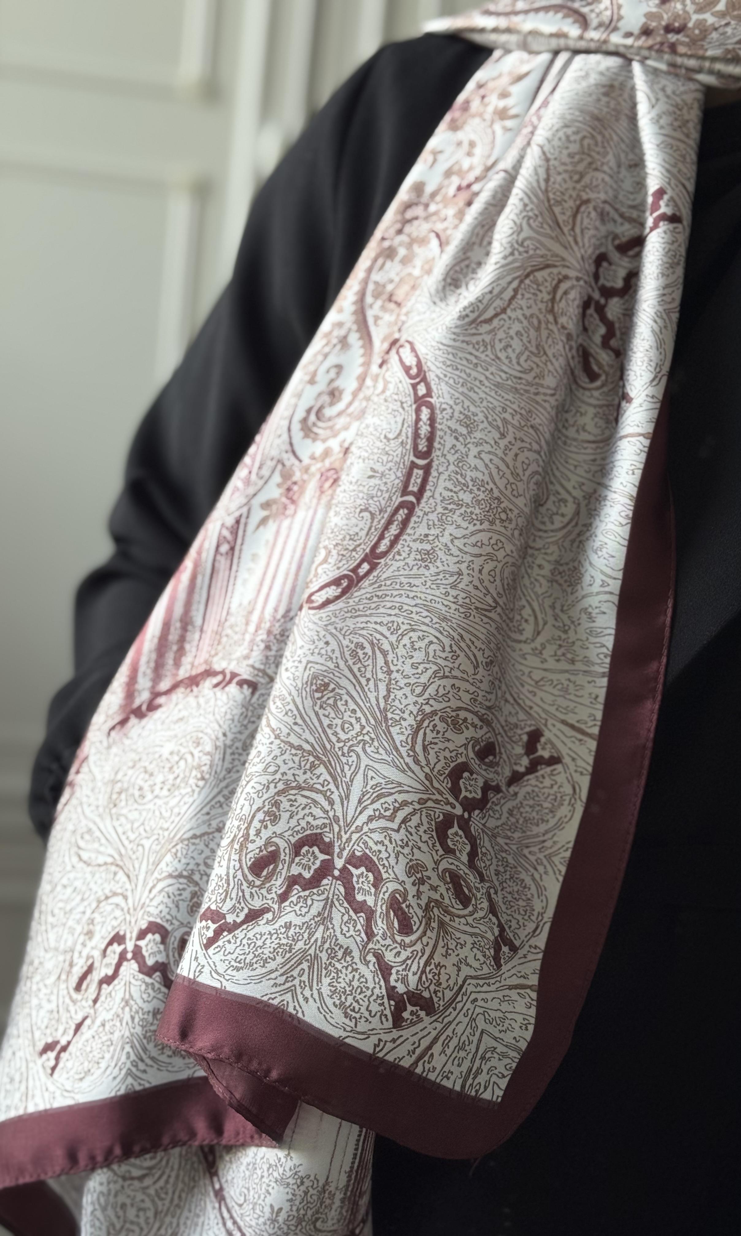 Bordo Etnik Desen Vual İpek Şal