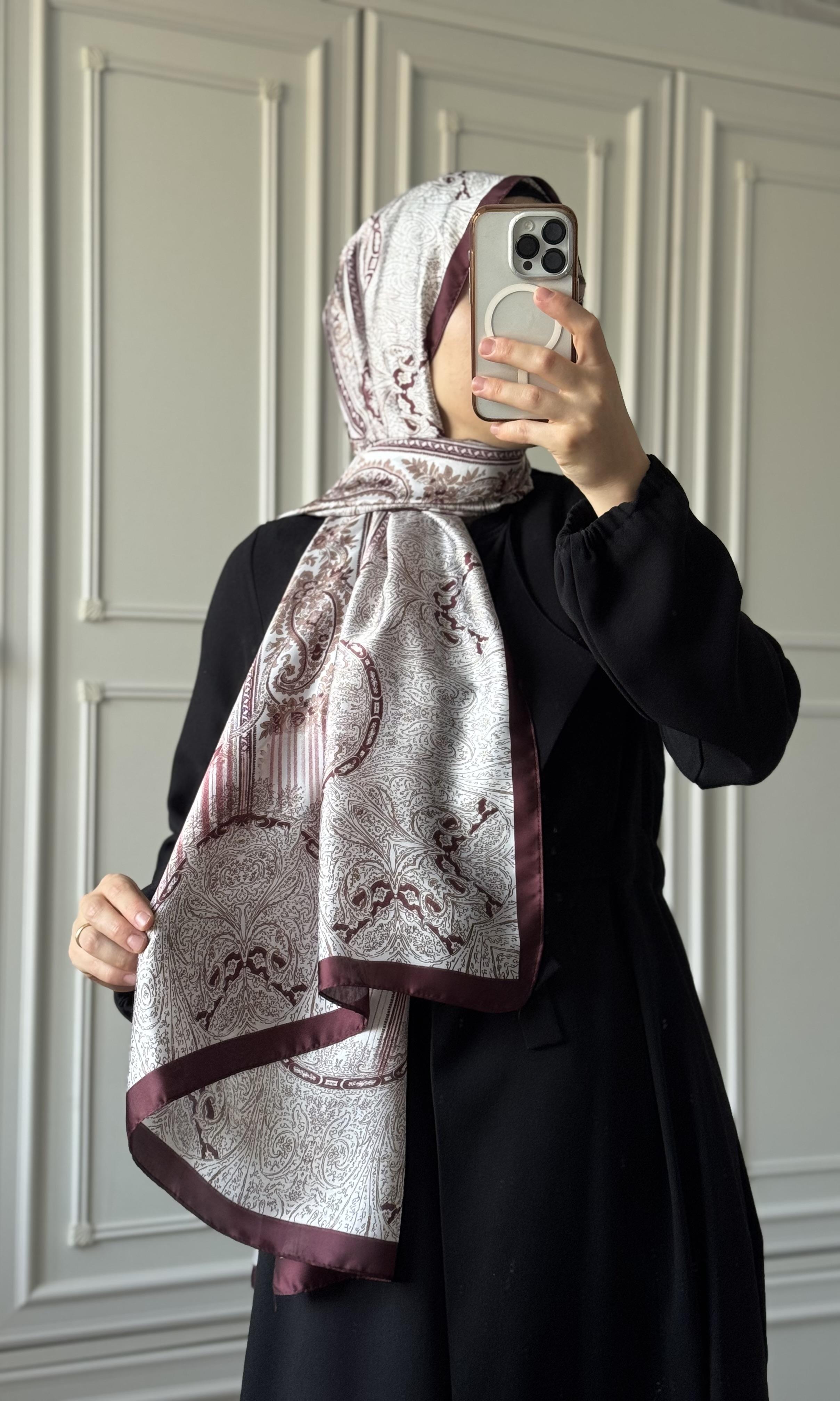 Bordo Etnik Desen Vual İpek Şal