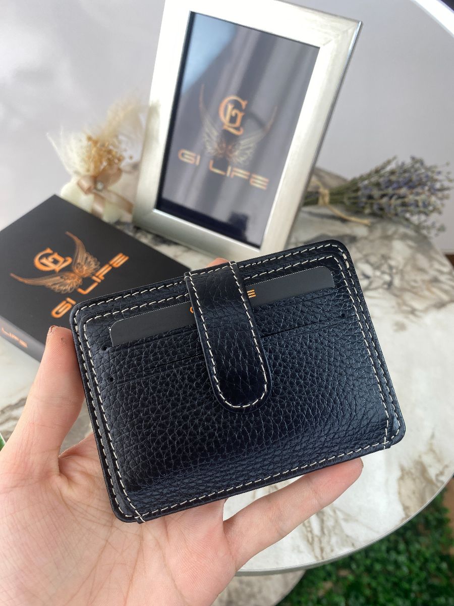 Emily Unisex Hakiki Deri Kartlık Ekru Siyah Dikiş