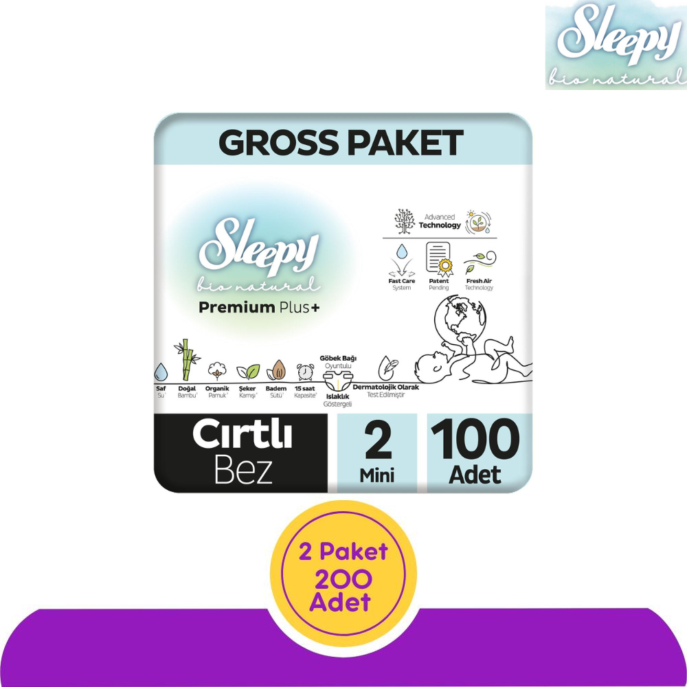 Sleepy Bio Natural Bebek Bezi 2 Numara 100'lü (200 Adet)