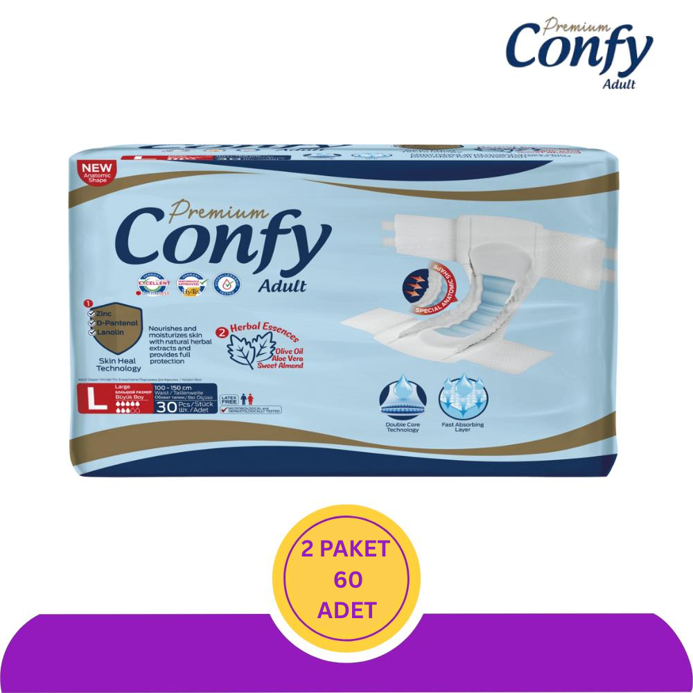 Confy Premium Belbantlı Yetişkin Hasta Bezi Büyük (L) - 60 Adet (2x30)