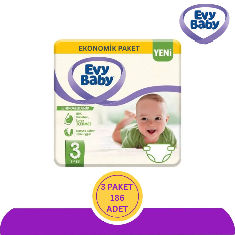 Evy Baby No:3 Midi Bebek Bezi 62'li (186 Adet)