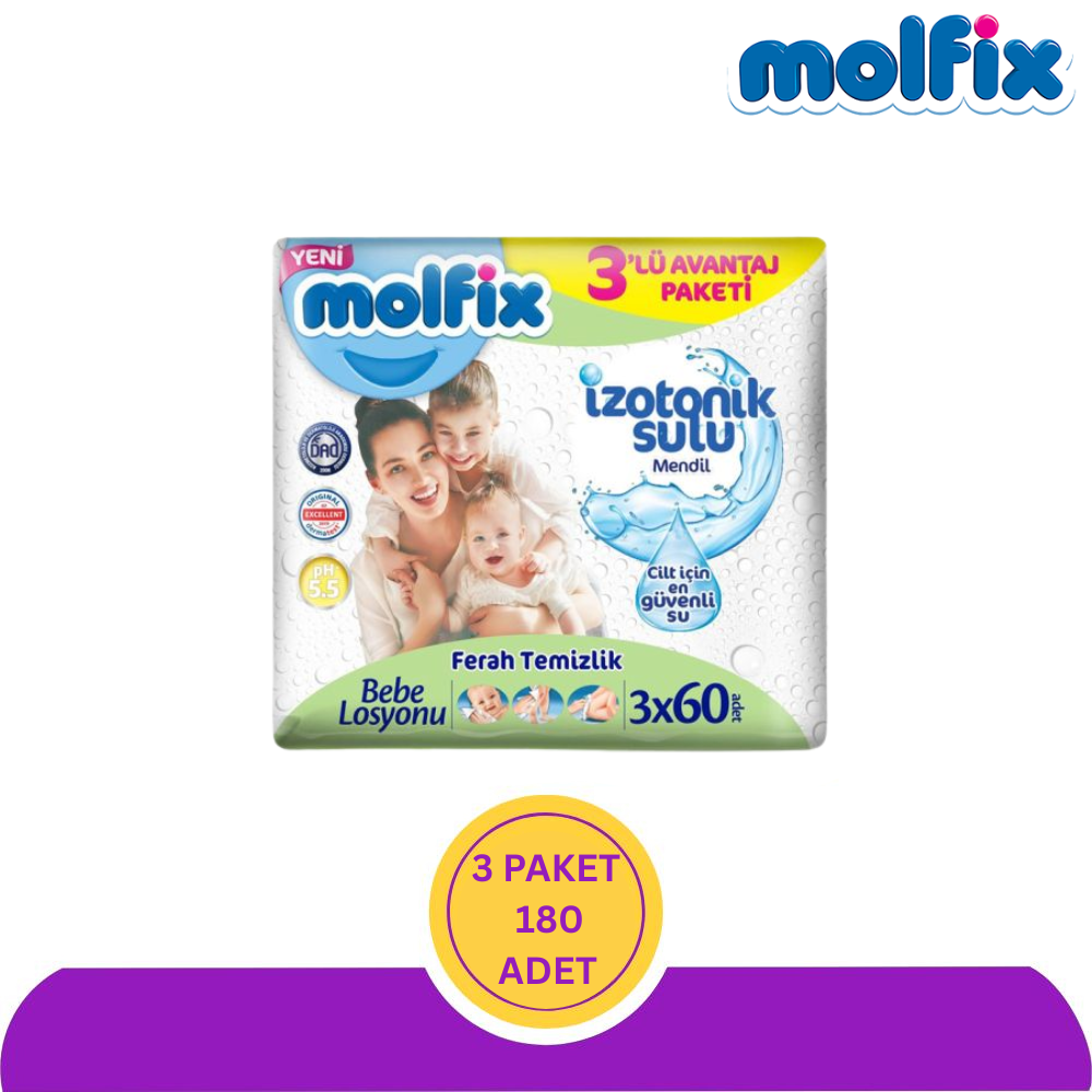 Molfix İzotonik Sulu Ferah Temizlik Islak Havlu Mendil 60'lı 180 Adet (3x60)