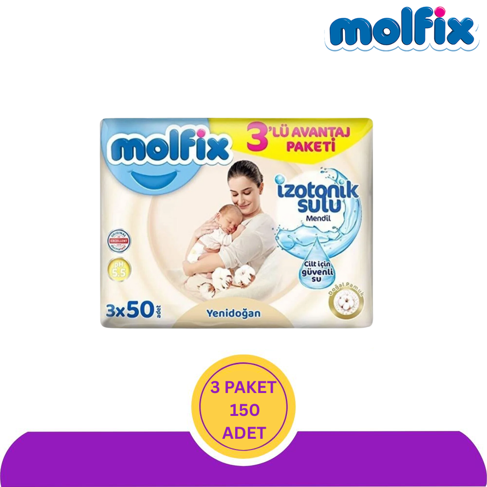 Molfix Yenidoğan Izotonik Sulu Doğal Pamuk Islak Havlu Mendil 50'li 150 Adet (3x50)
