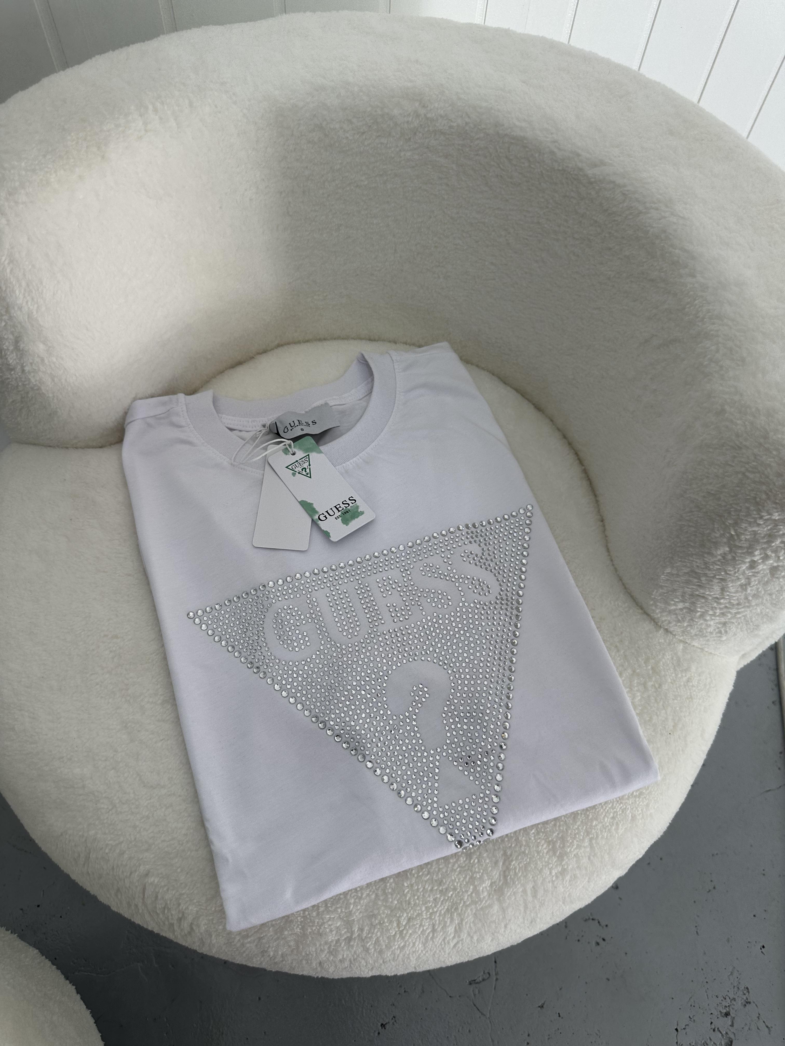 1 ALANA 1 BEDAVA Premium White Taşlı T-SHİRT