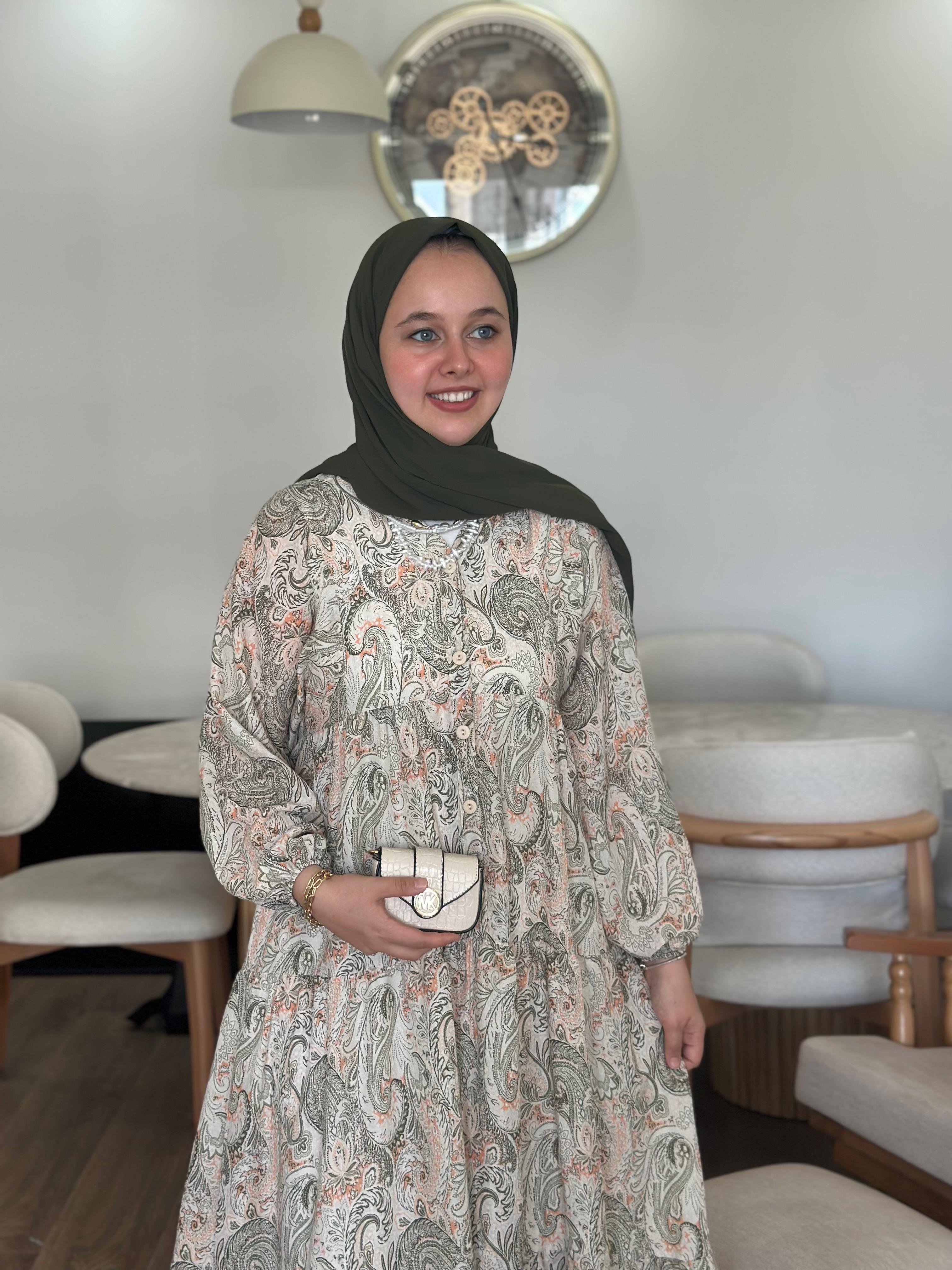 Safir Mango Vual Elbise - yeşilbeyaz