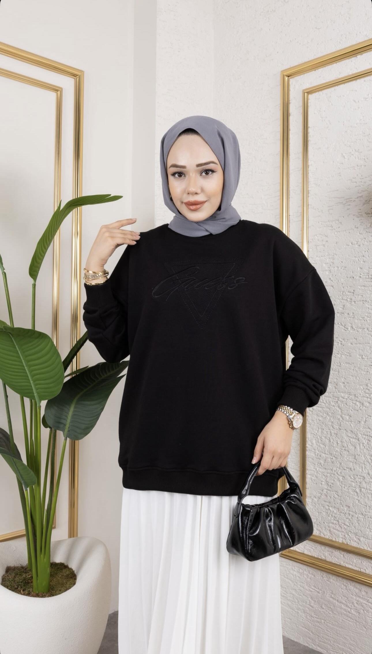 Nakışlı Gue Sweat - Siyah