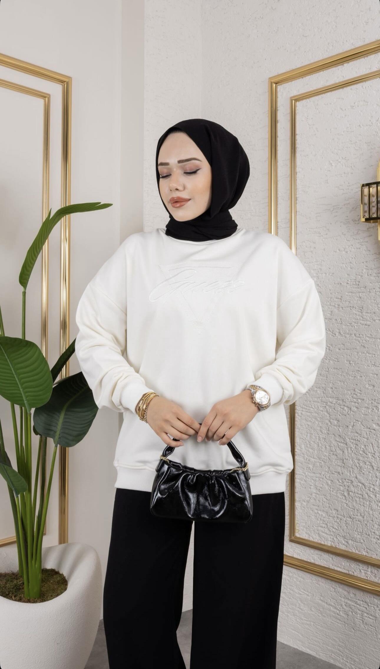 Nakışlı Gue Sweat - Beyaz