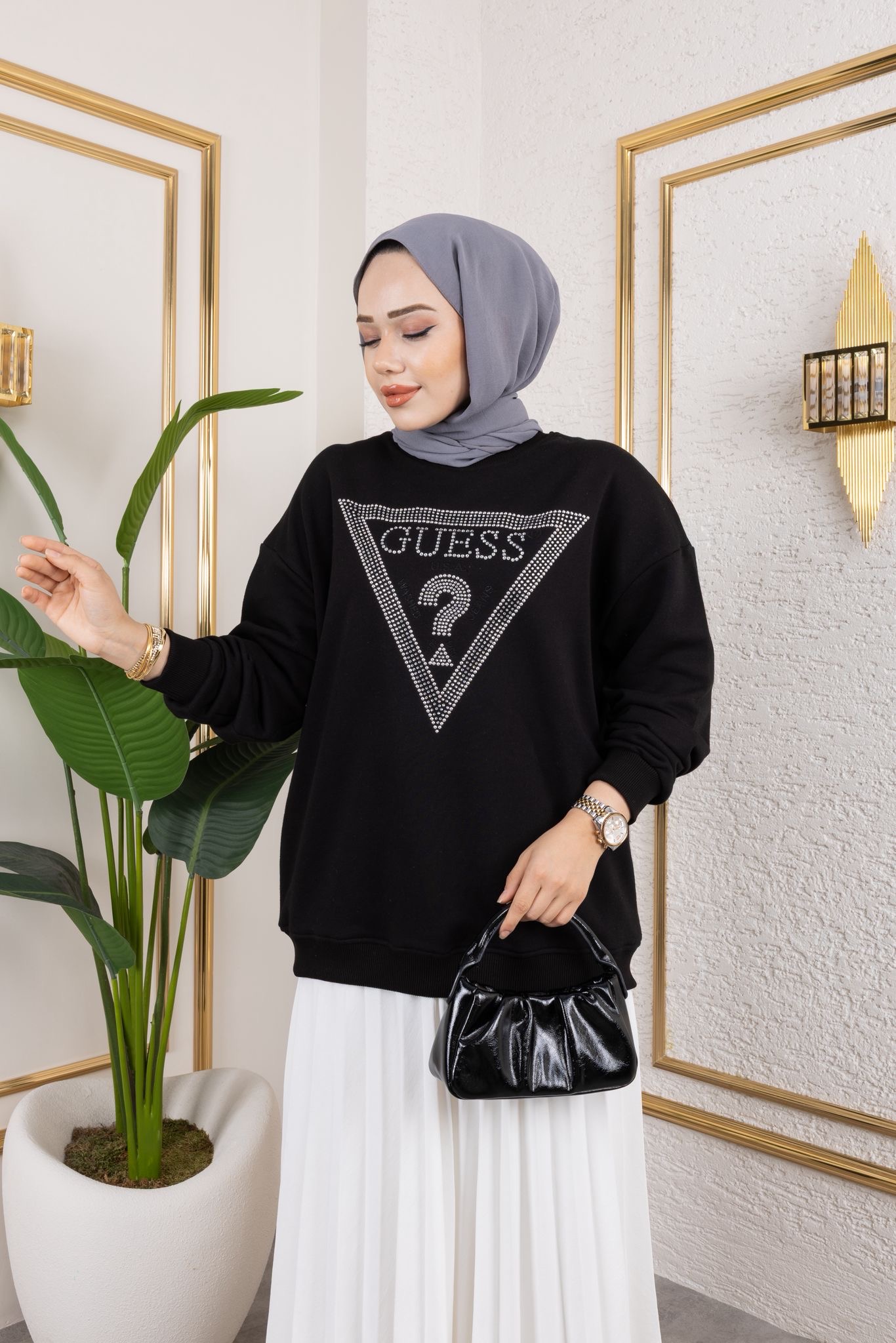 Soru İşareti Taşlı Sweat - Siyah