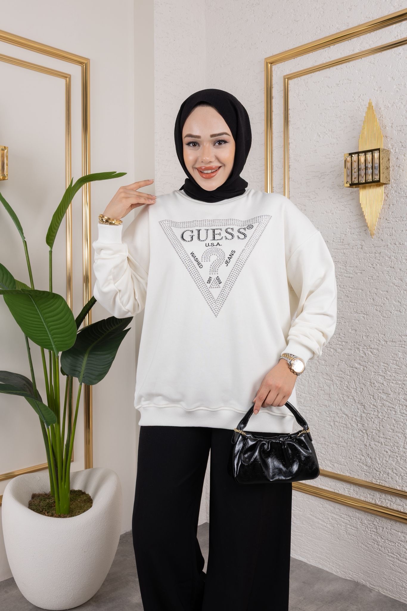 Soru İşareti Taşlı Sweat - Beyaz