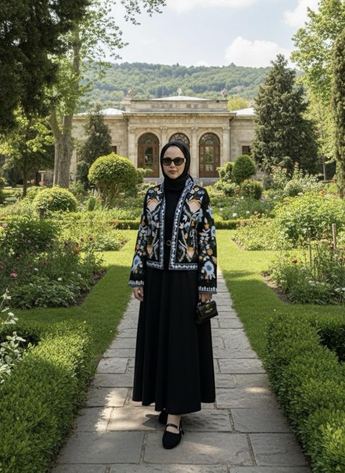 Nakışlı Premium Ceket - Mavi - Siyah