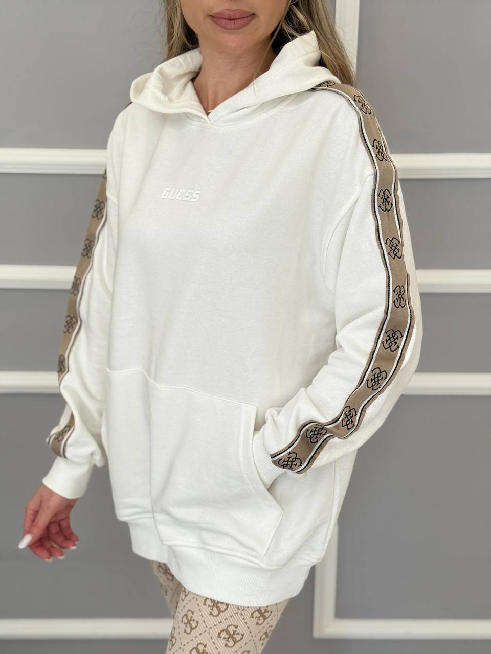 Kapşonlu Şeritli Sweat - Beyaz