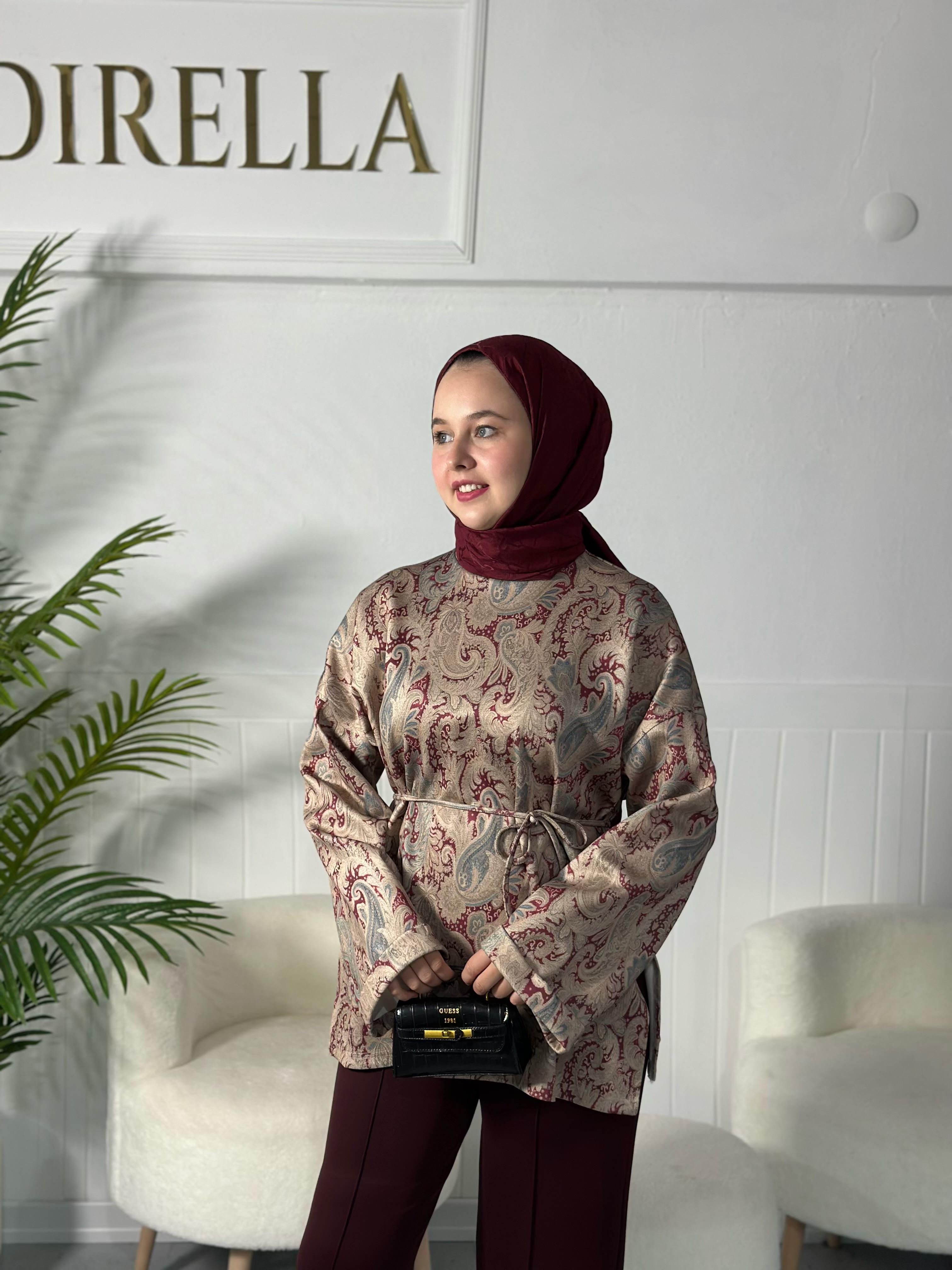 Desenli Scuba Tunik - Bordo