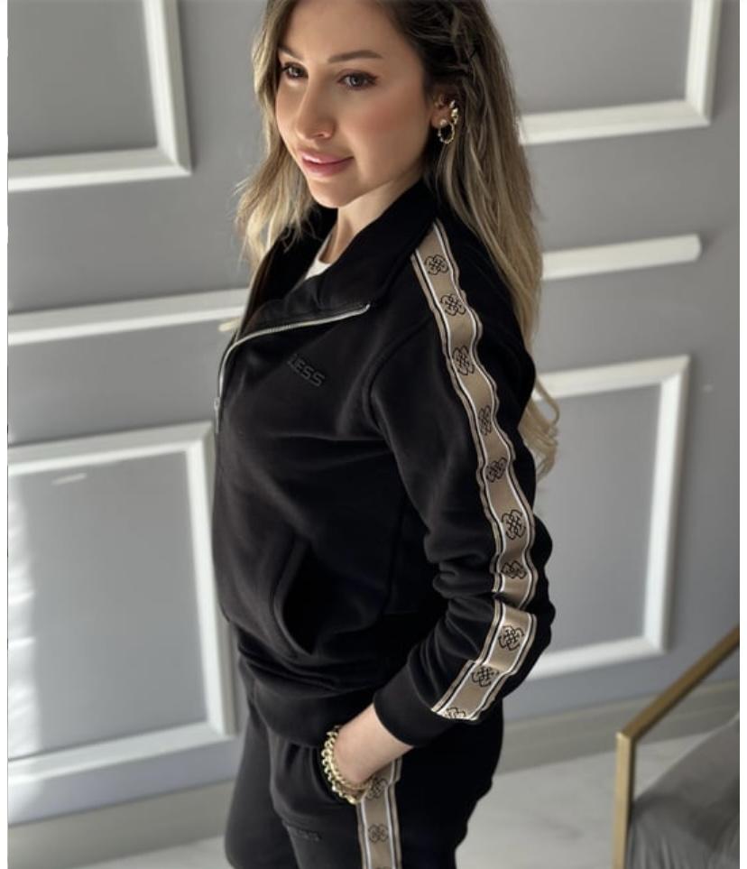 Şeritli Fermuarlı Hırka - Siyah