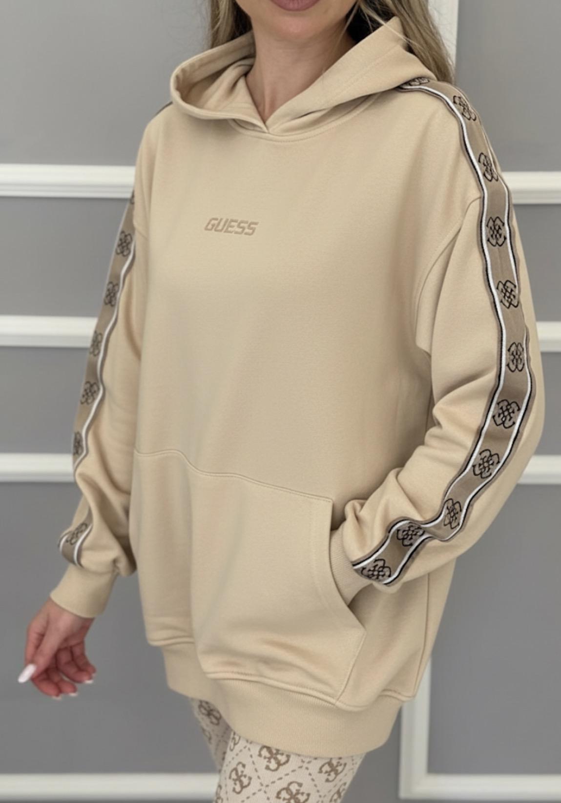 Kapşonlu Şeritli Sweat - Bej