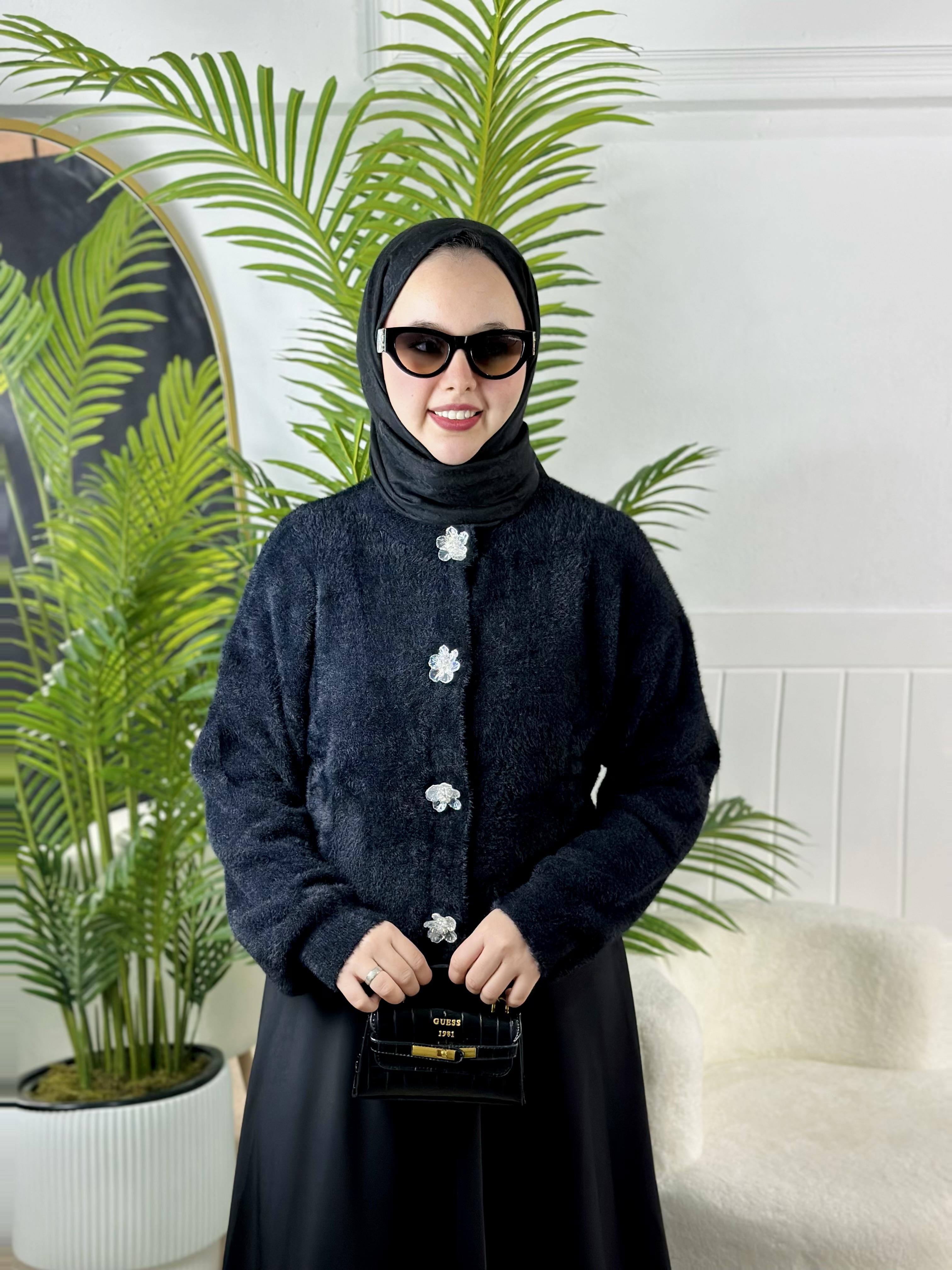 Angora Çiçek Düğmeli Hırka - siyah