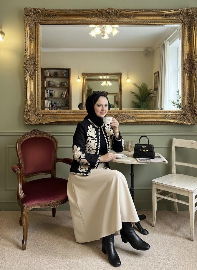 Piraye Nakışlı Premium Ceket - Siyah - Camel