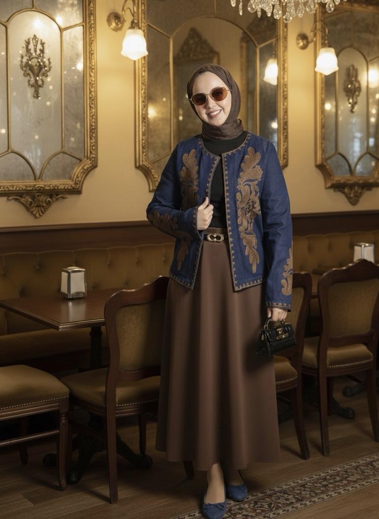 Piraye Nakışlı Premium Kot Ceket - Kahve